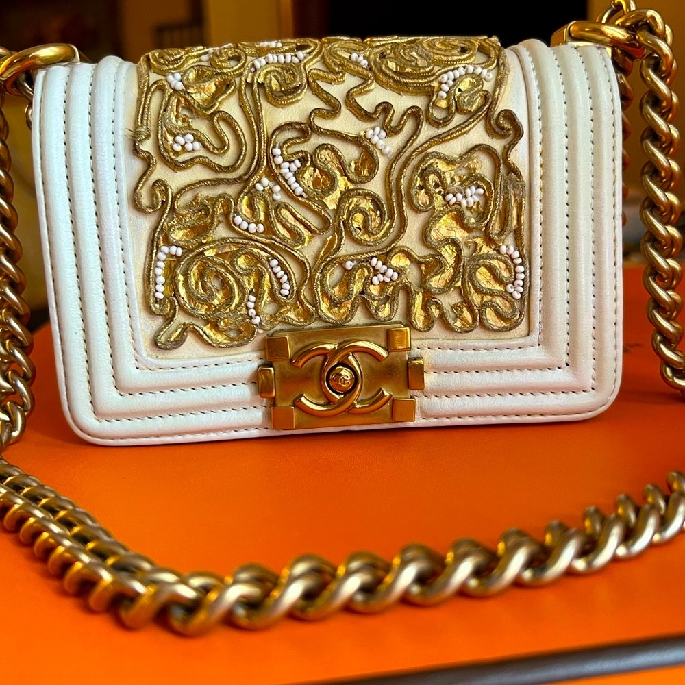 Chanel Versailles Mini boy gold and white embroidered